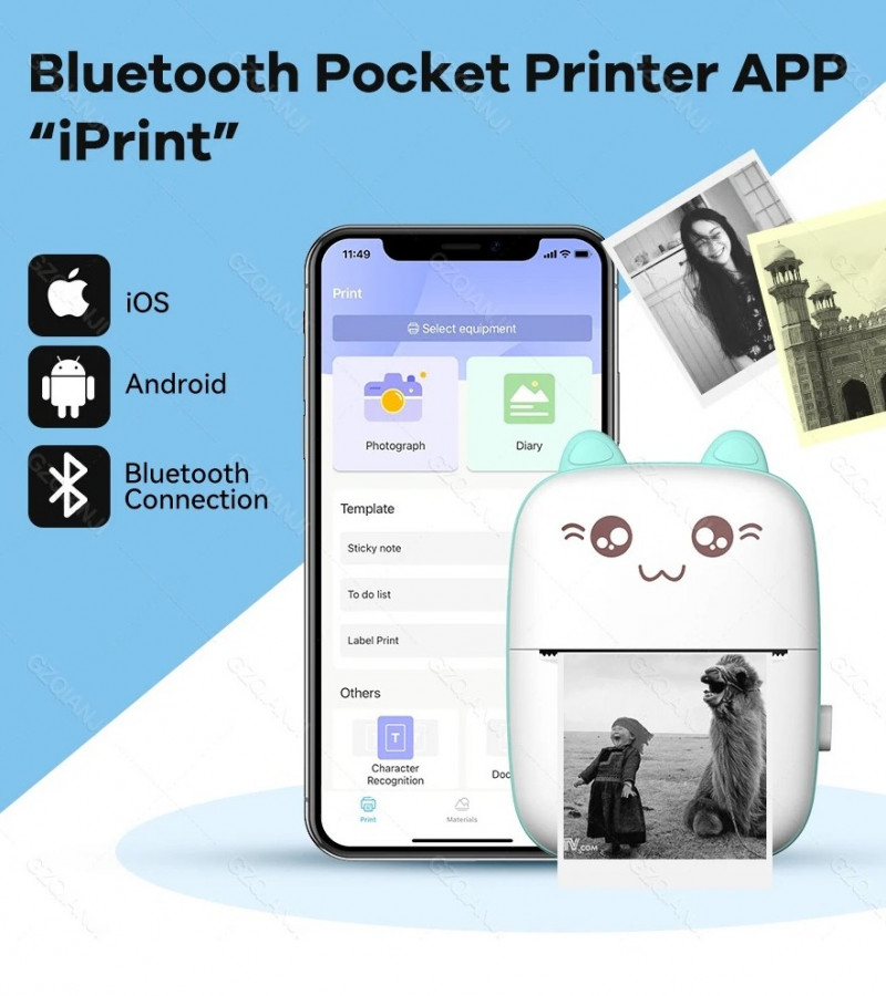 Pocket Inkless Mini Printer - Thermal Portable Bluetooth Wireless Mini Printer For Kids - 1080P Instant Camera Printer 2.8 inch IPS Screen, Front and
