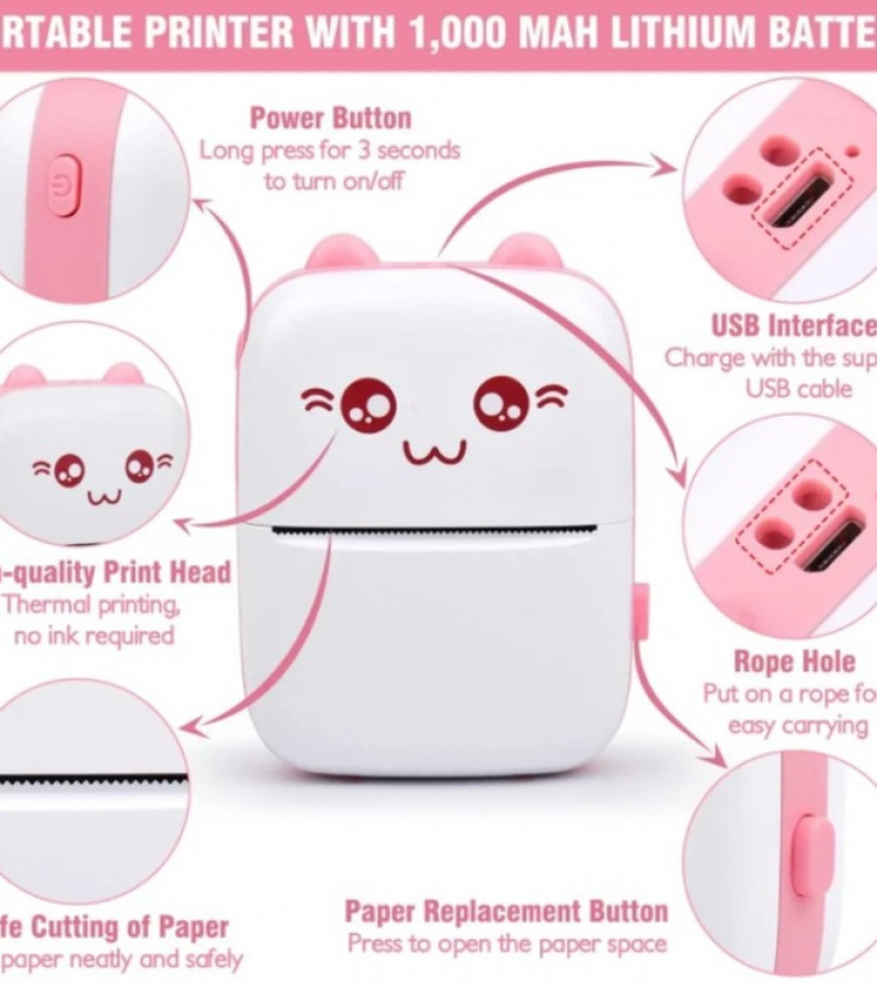 Pocket Inkless Mini Printer - Thermal Portable Bluetooth Wireless Mini Printer For Kids - 1080P Instant Camera Printer 2.8 inch IPS Screen, Front and